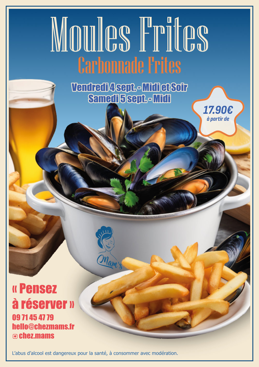 Moules Frites et Carbonnade Frites ce Vendredi 4 septembre midi et soir, Samedi 5 septembre &agrave; midi
